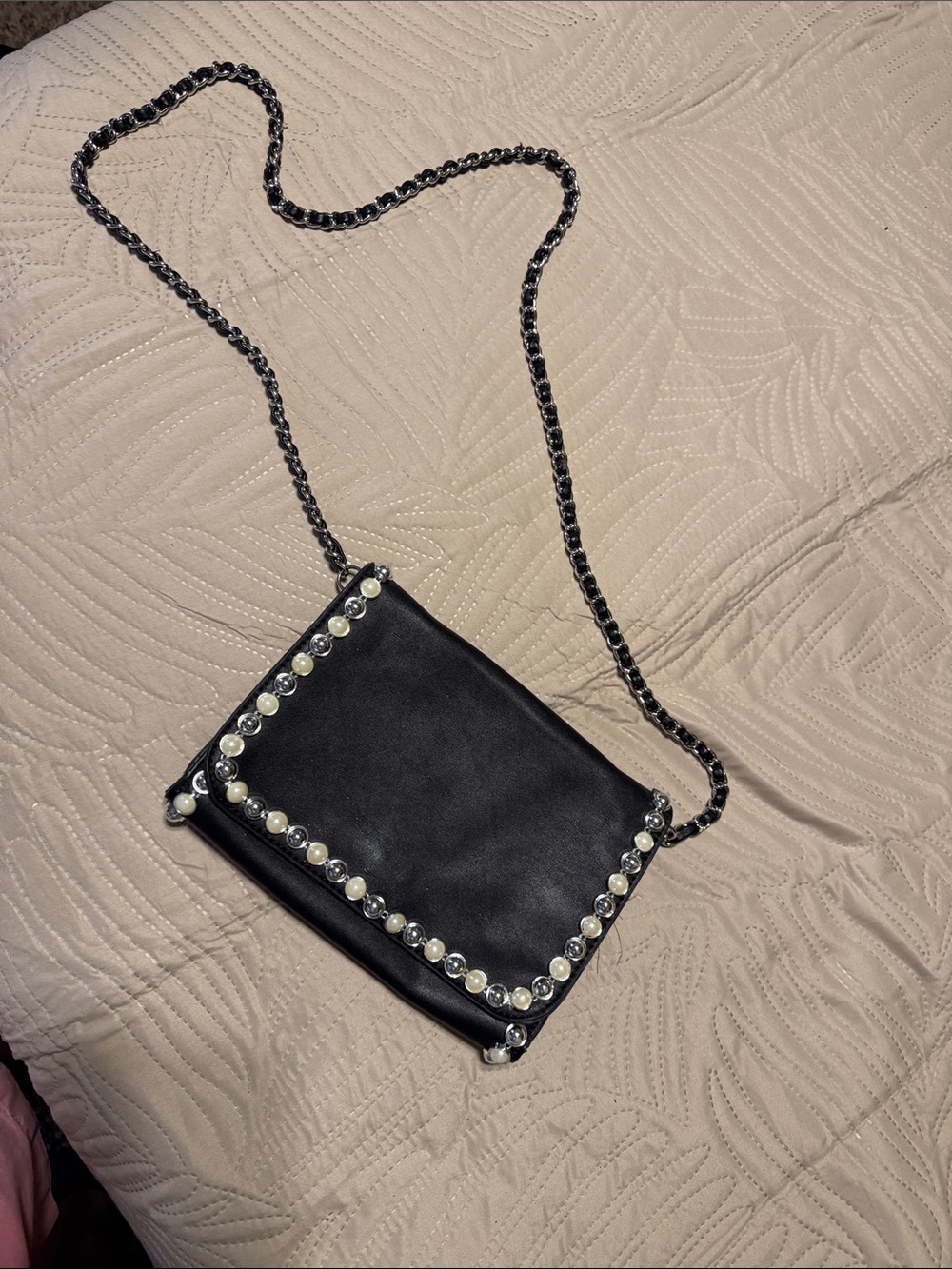 Steve Madden Black Pearl-Trim Chain Crossbody Bag